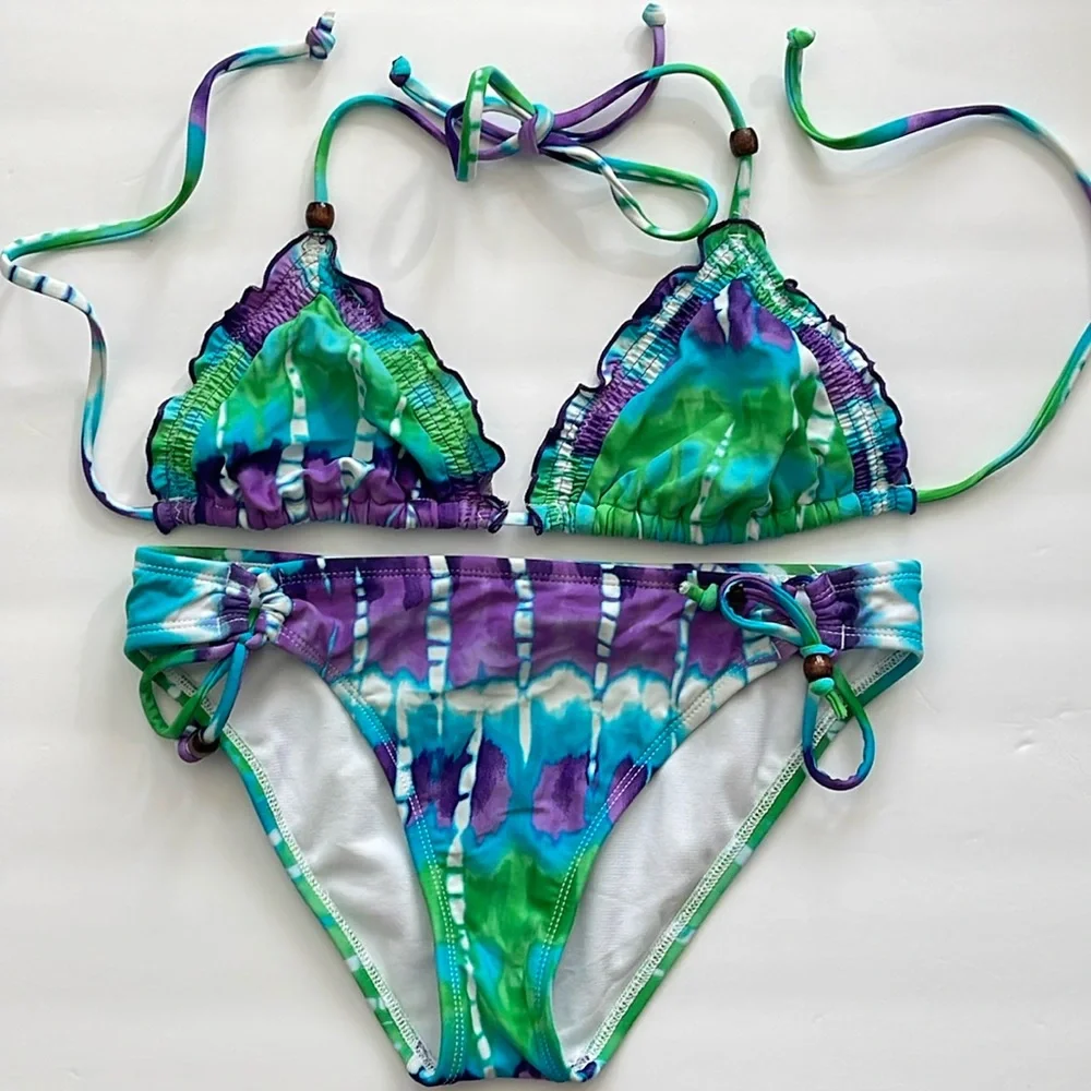 HOBIE Bikini Bottom Tie-Dye Purple, Turquoise, Green&White w/Heart Print-Sm - Picture 2 of 8